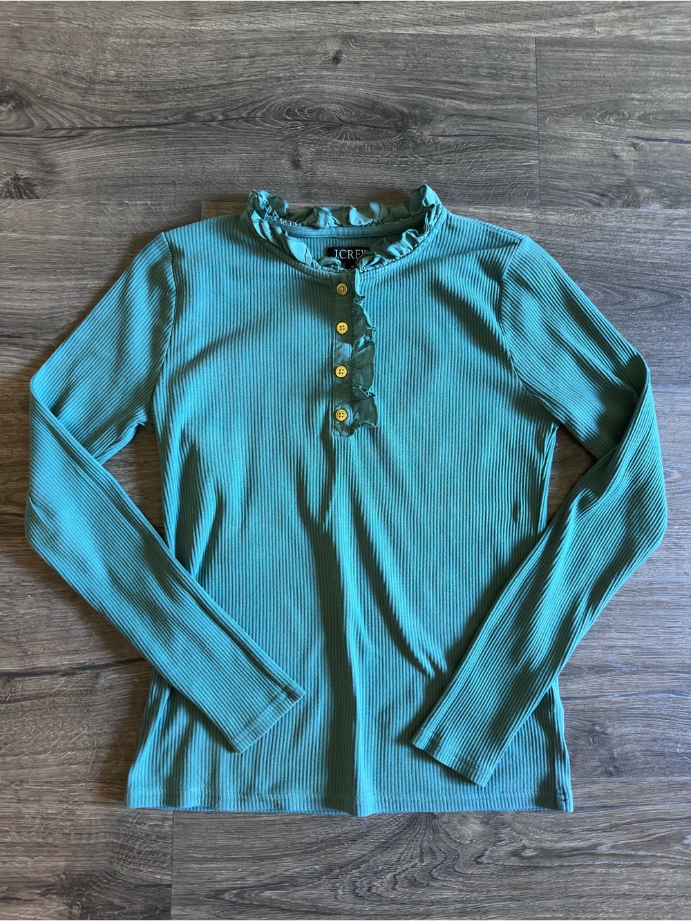 J. Crew Teal Ruffle Henley Ribbed Long-Sleeve Top